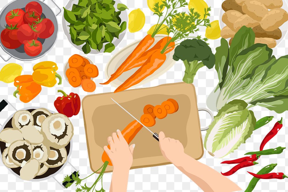 Png vegetarian food cooking overlay, flat lay transparent background