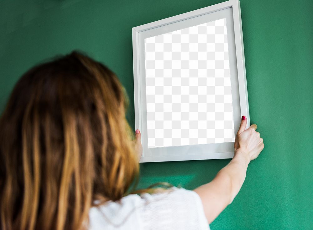 Picture frame png mockup, woman decorating wall, transparent design