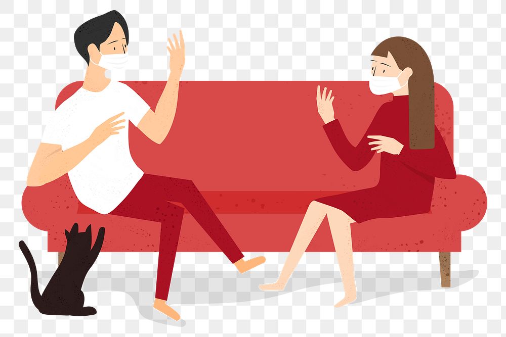 Social distancing png sticker, couple sitting on sofa, transparent background