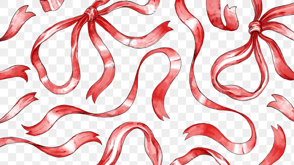 PNG Christmas pattern, red ribbon watercolor illustration, transparent background