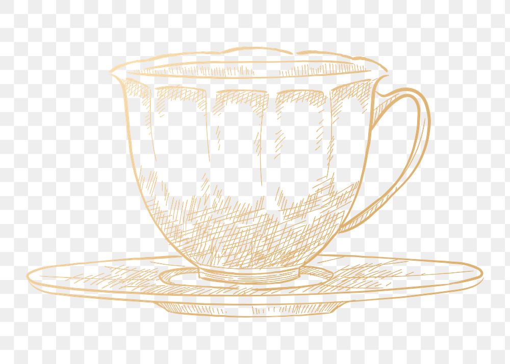 Gold tea cup png sticker, drawing design, transparent background