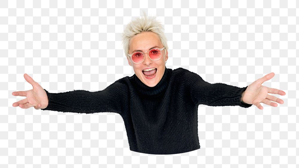 Short-haired woman png sticker, open arms, transparent background