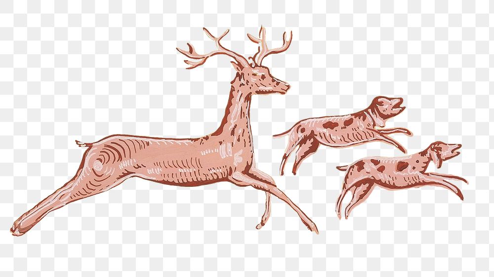 Running stag and babies, animal illustration.  Remastered by rawpixel
