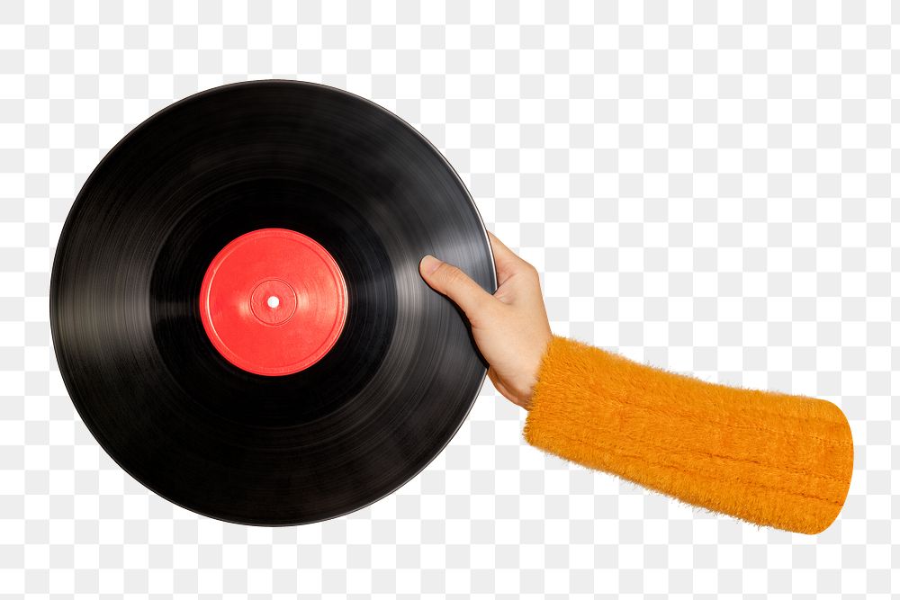 Png holding vinyl record sticker, transparent background