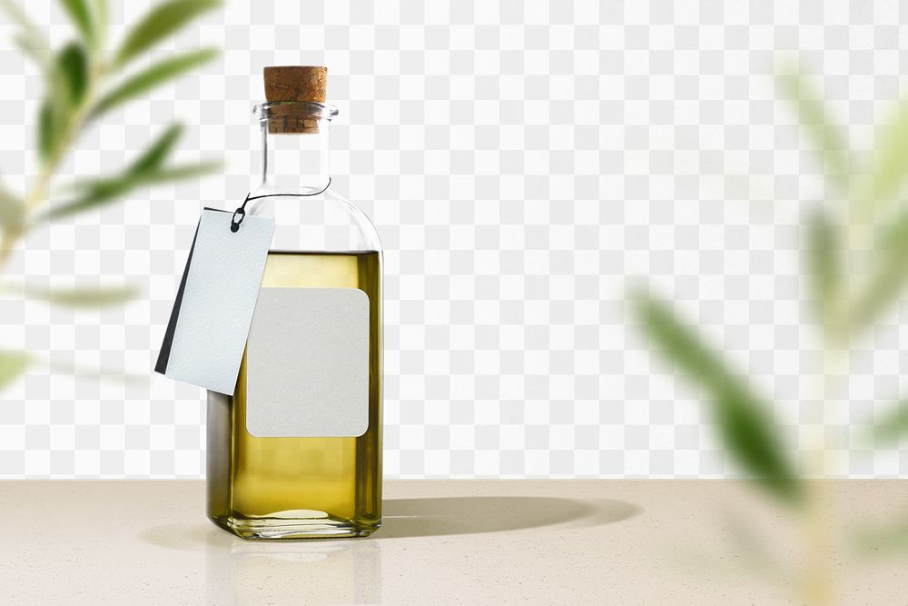 Wall png mockup, olive oil bottle, transparent design