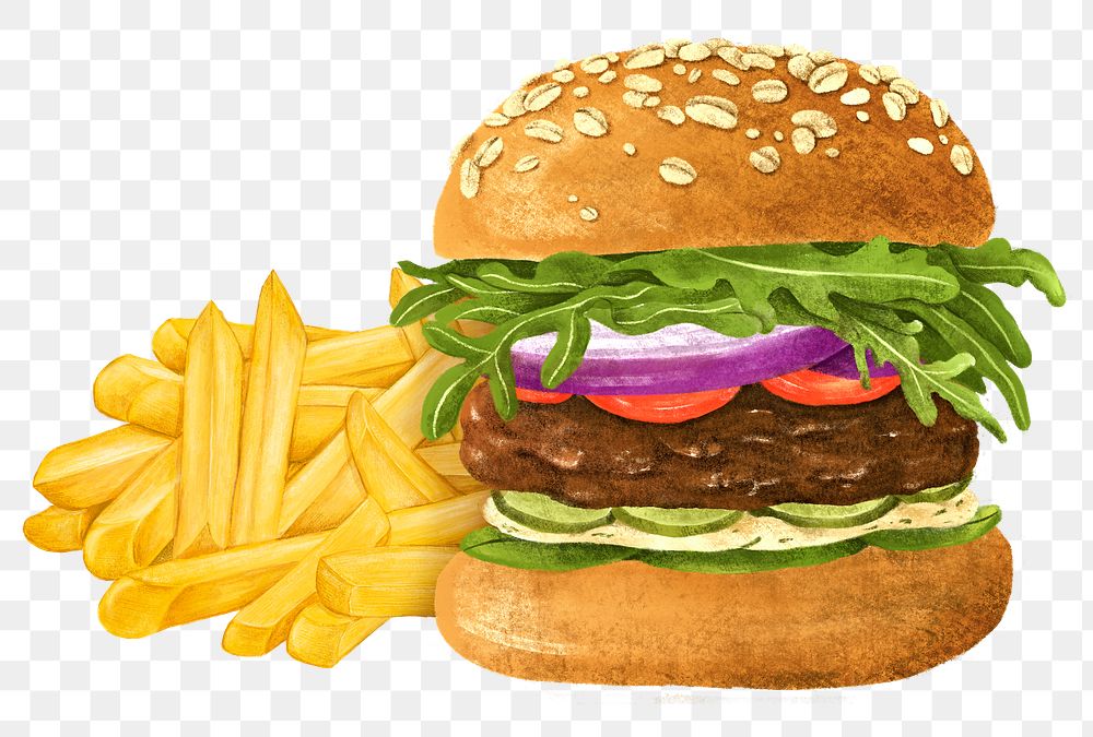Hamburger and fries png sticker, fast food set, transparent background