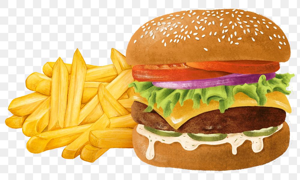 Cheeseburger and fries png sticker, fast food set, transparent background