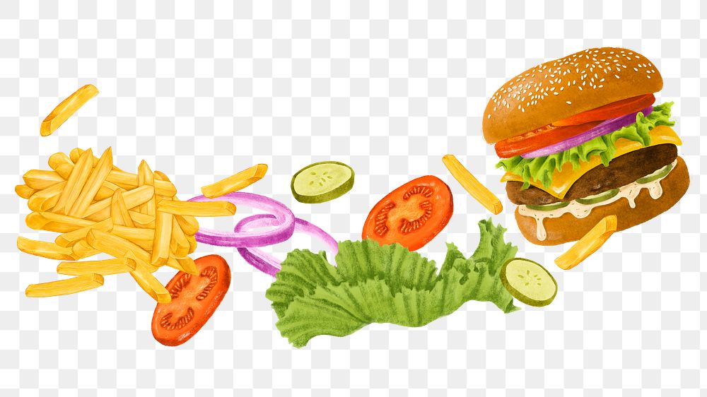 Cheeseburger and fries png sticker, fast food set, transparent background