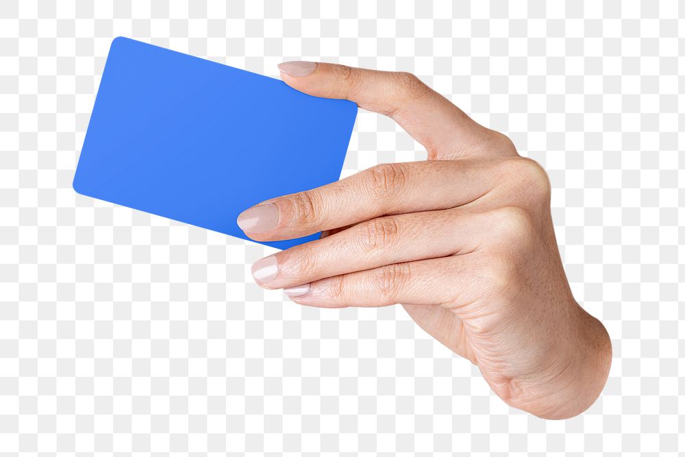 PNG hand holding blue paper card, transparent background
