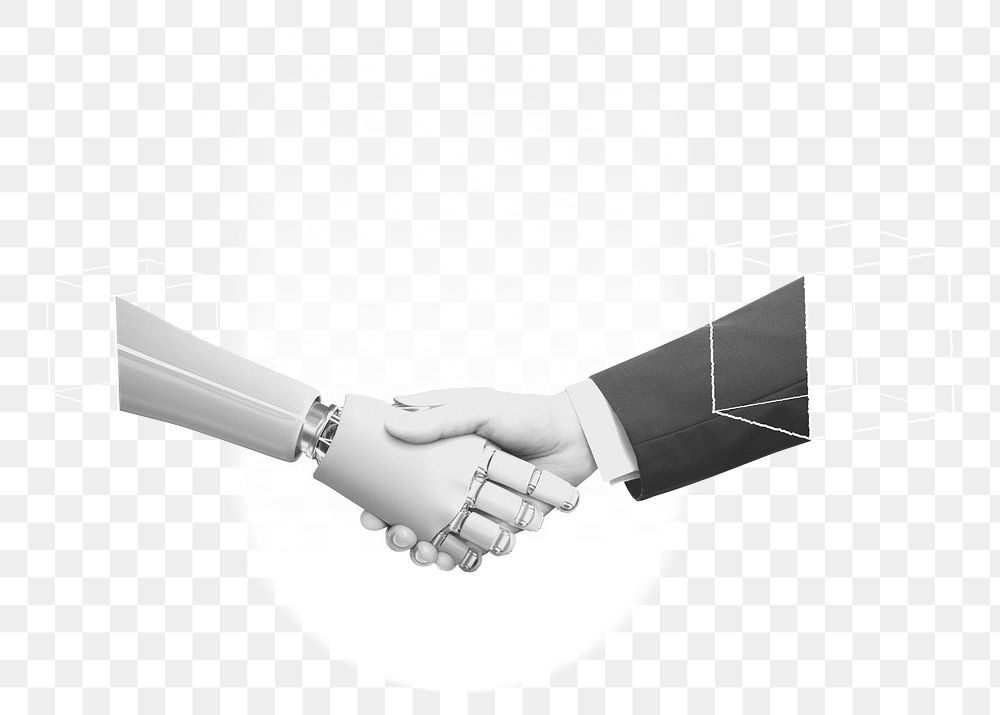 Robot png shaking hands with businessman, transparent background