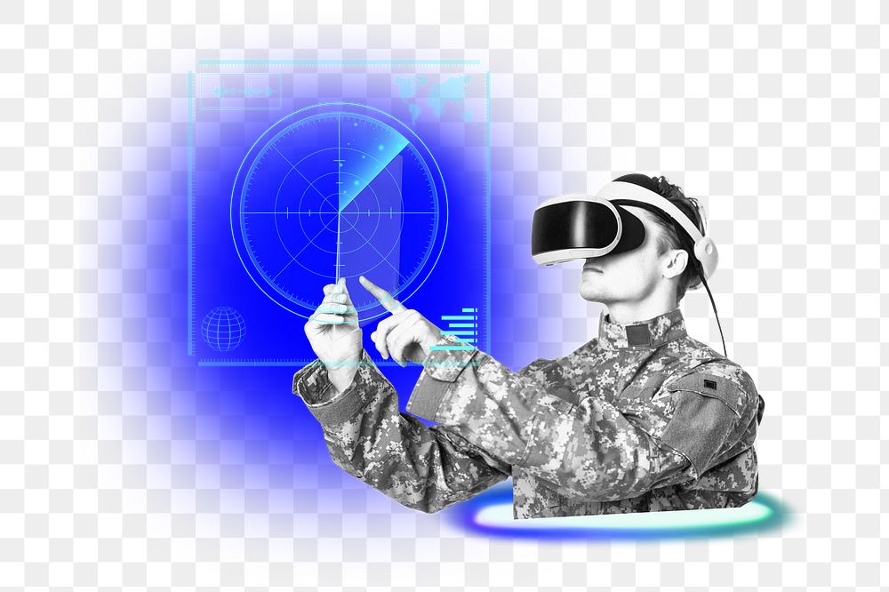Military man png, using radar scanner, transparent background