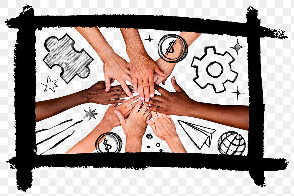 Diverse hands united png sticker, teamwork doodle mixed media, transparent background