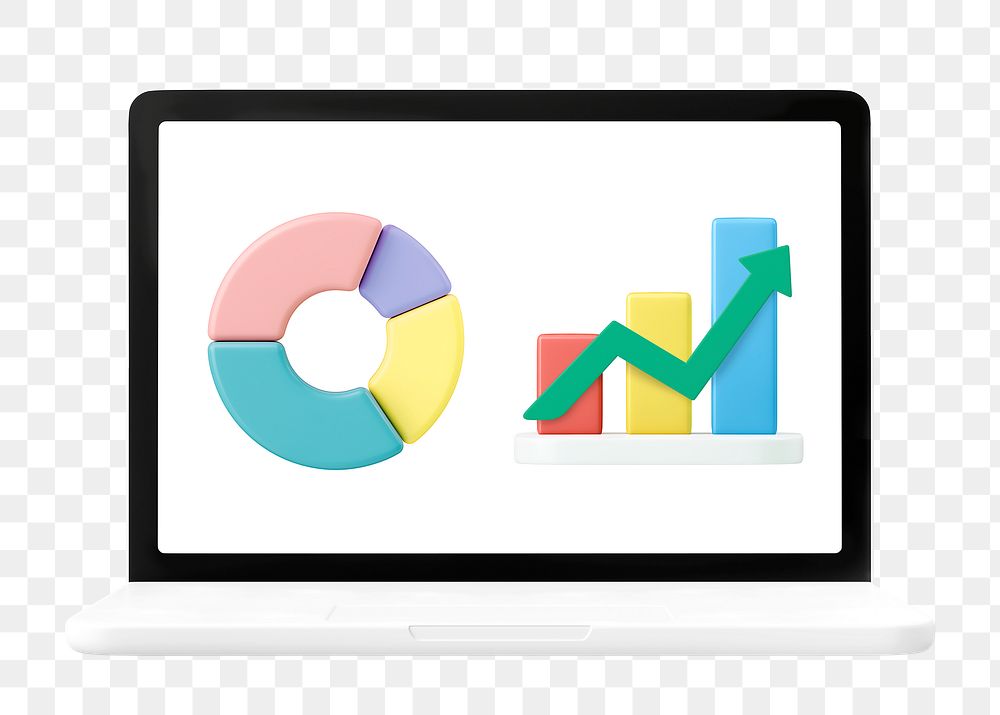 3D business growth png illustration, analytics charts on laptop on transparent background