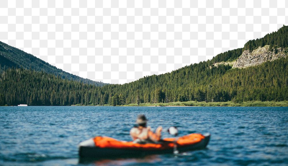 Canoe on lake png  border, pine forest image, transparent background