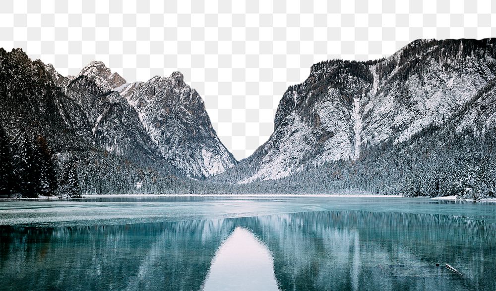 Winter lake mountain png border, serene nature image, transparent background