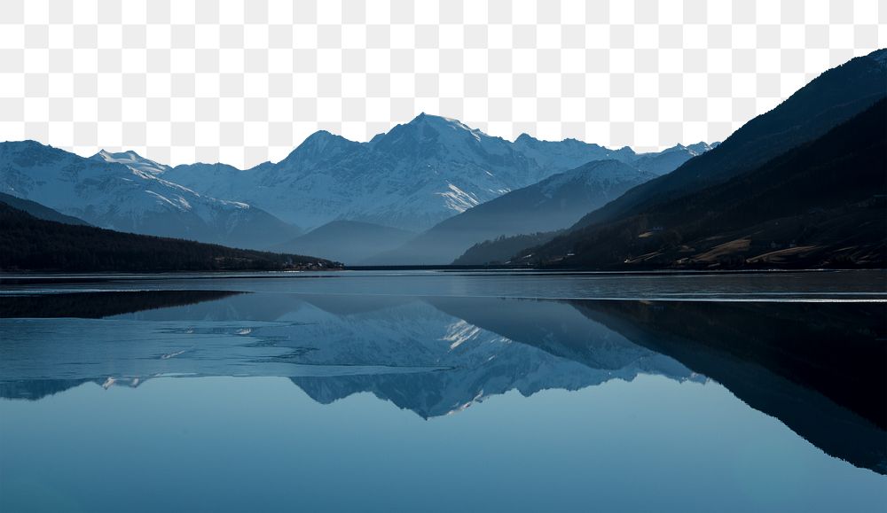 Peaceful mountain png lake border, nature image, transparent background