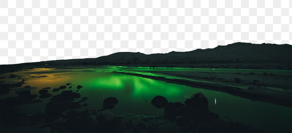 Northern lights png border lake reflection photo, transparent background