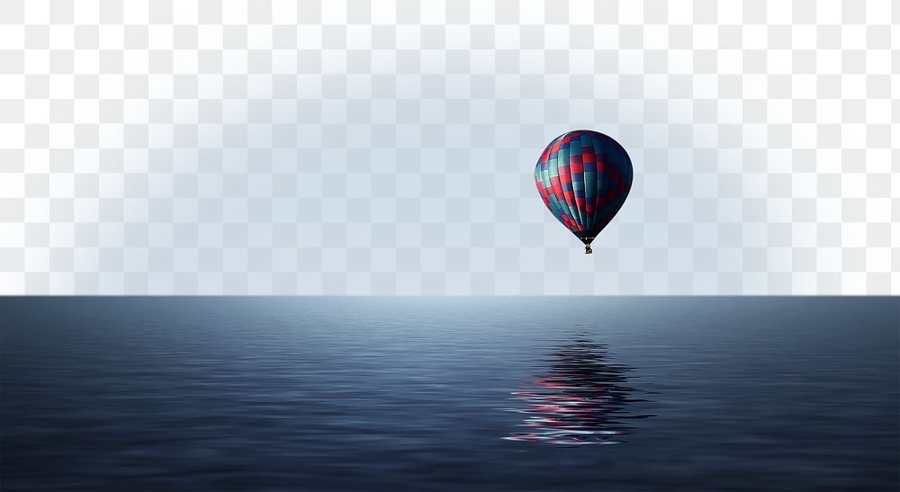 Hot air balloon png border, over quiet ocean, transparent background