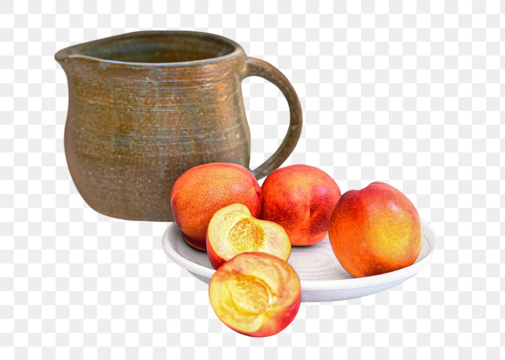 Png peaches fruit and jug sticker, transparent background