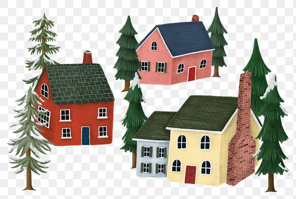 Christmas village png sticker, houses, cottages on transparent background