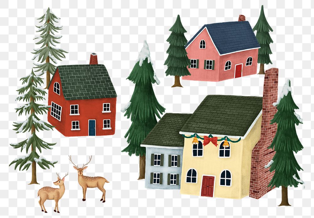 Christmas village png sticker, houses, cottages on transparent background