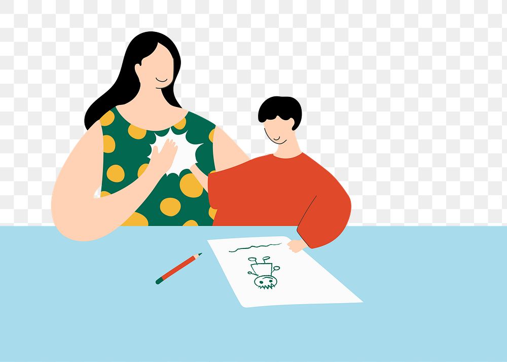 Png mother teaching son sticker, transparent background