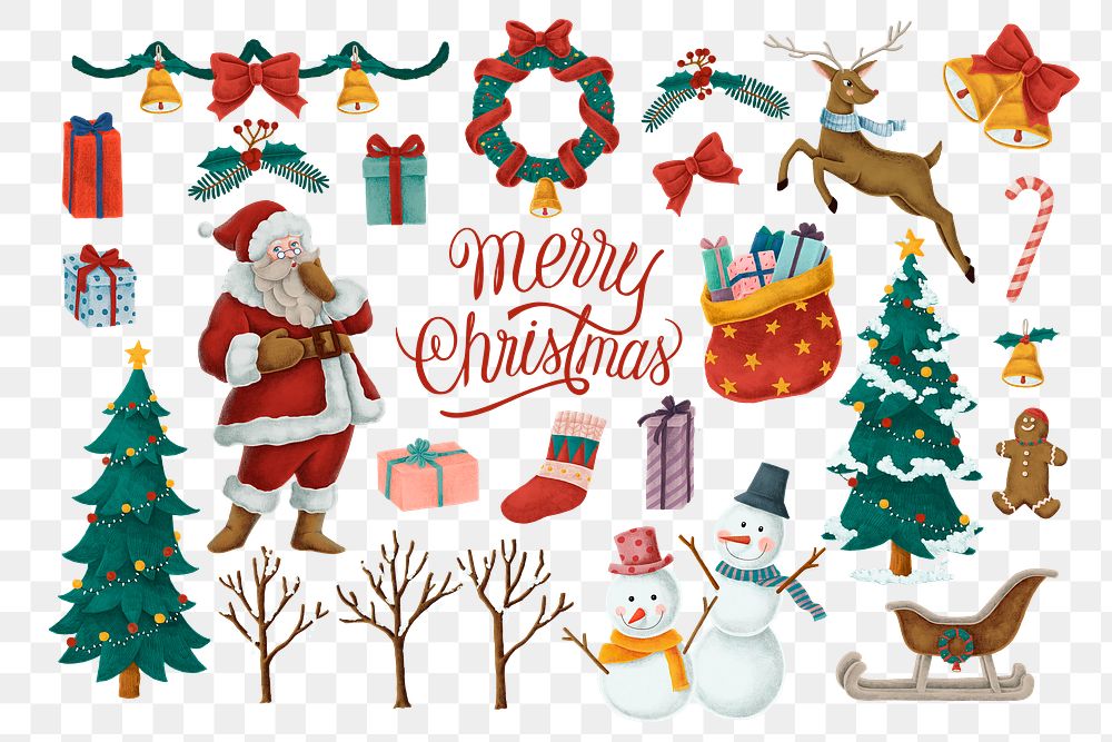 Merry Christmas celebration png sticker, festive set, transparent background