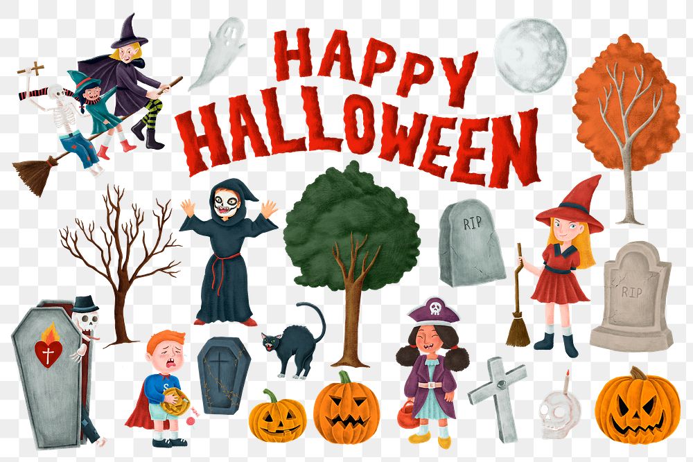 Happy Halloween png sticker, festive set, transparent background