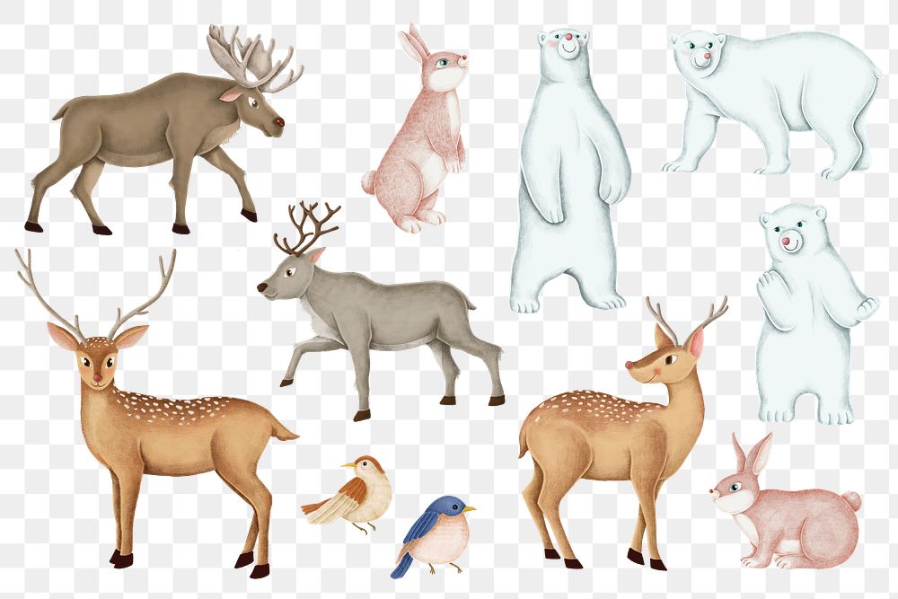 Christmas animals png sticker, cute polar bear, reindeer set, transparent background