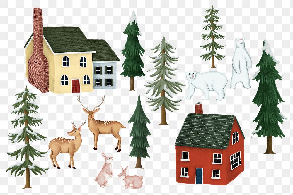 Christmas village png sticker, houses, cottages on transparent background