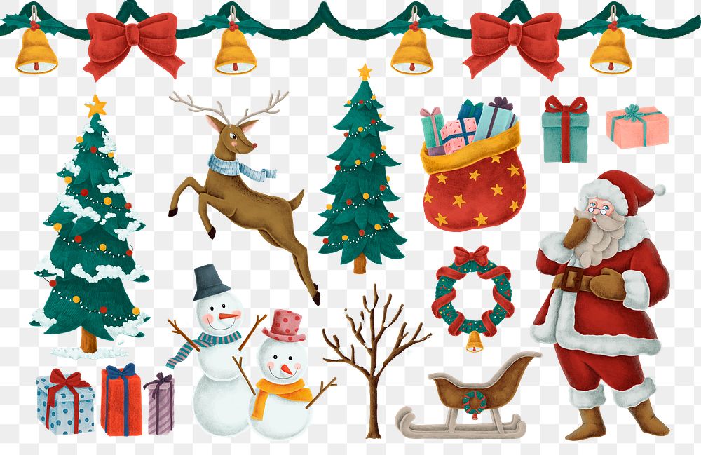 Cute Christmas celebration png sticker, festive set, transparent background