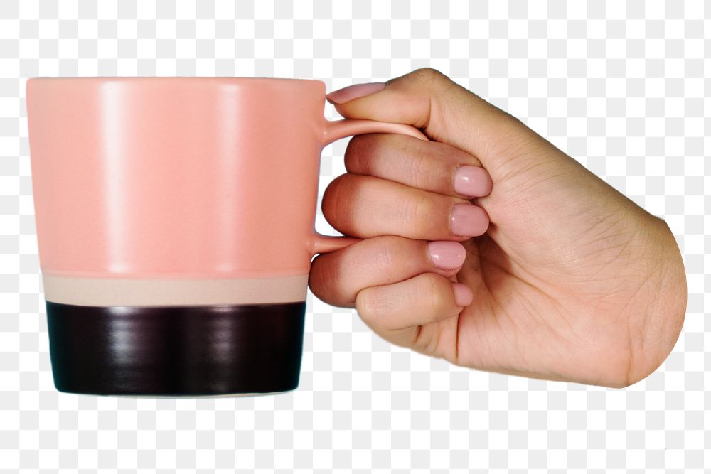 Hand holding mug png sticker, transparent background