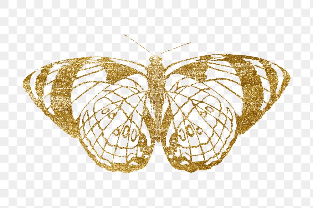 Gold butterfly png sticker, glittery aesthetic design, transparent background. Remixed from the artwork of E.A. Séguy.