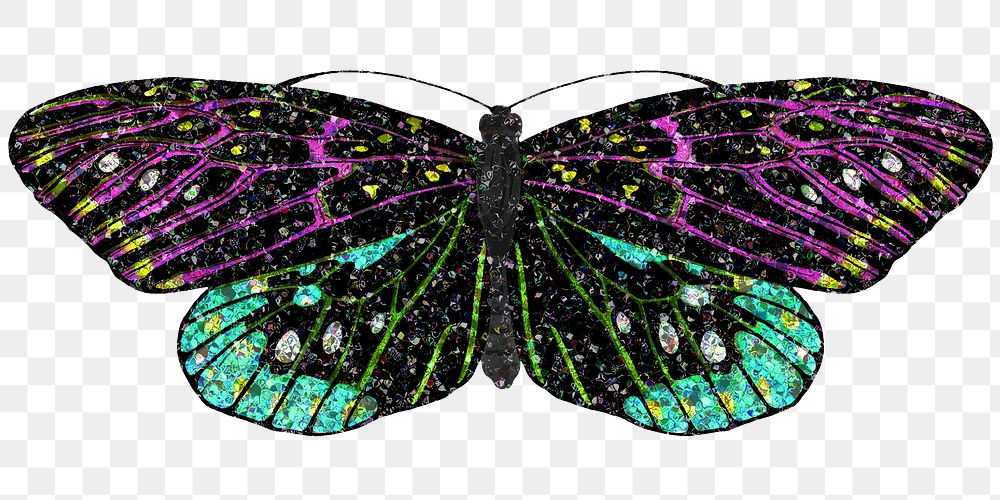 Dark glittery png butterfly sticker, aesthetic illustration, transparent background. Inspired by E.A. Séguy's style.