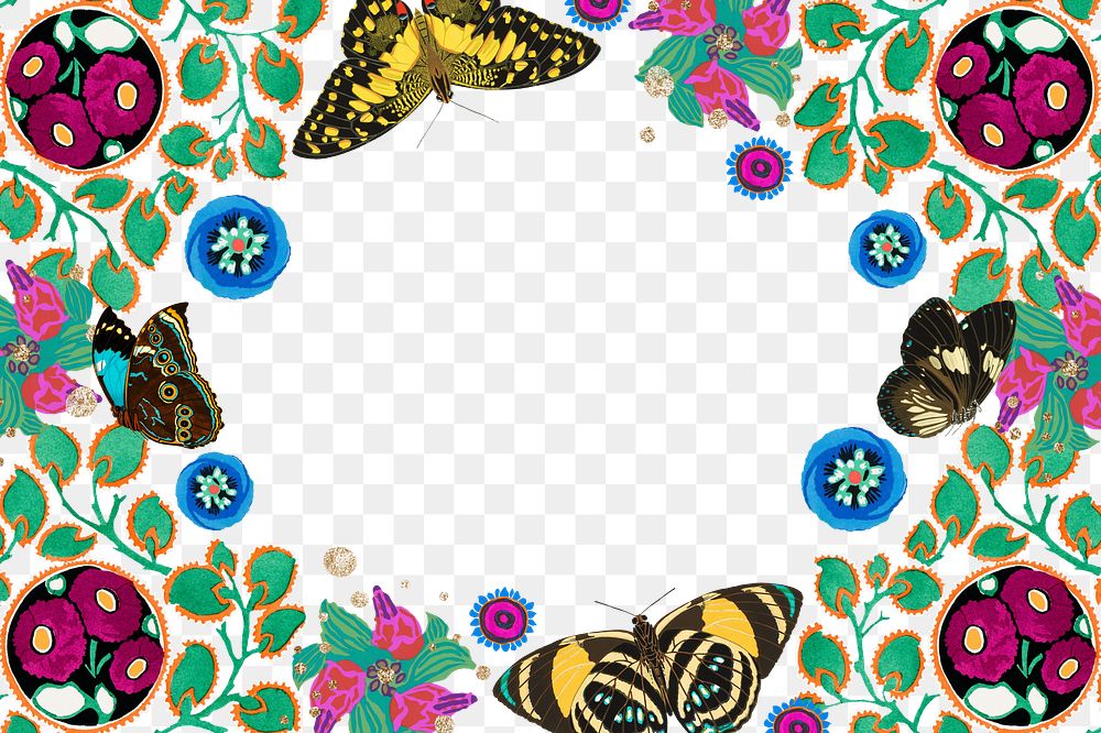 Exotic butterfly png frame, botanical illustration, transparent background.  Remixed from the artwork of E.A. Séguy.