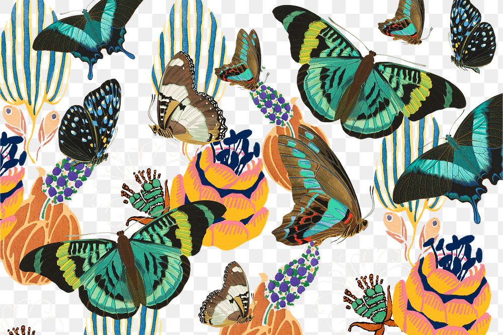 Exotic butterfly png vintage pattern, transparent background, remixed from the artwork of E.A. S&eacute;guy