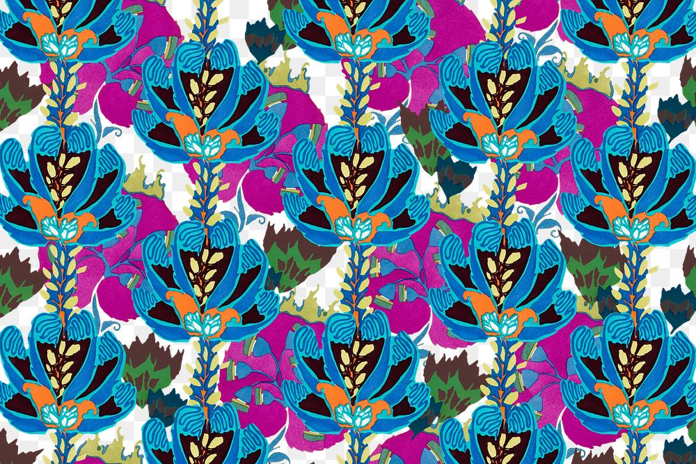 Vintage exotic flower png pattern, transparent background, remixed from the artwork of E.A. Séguy