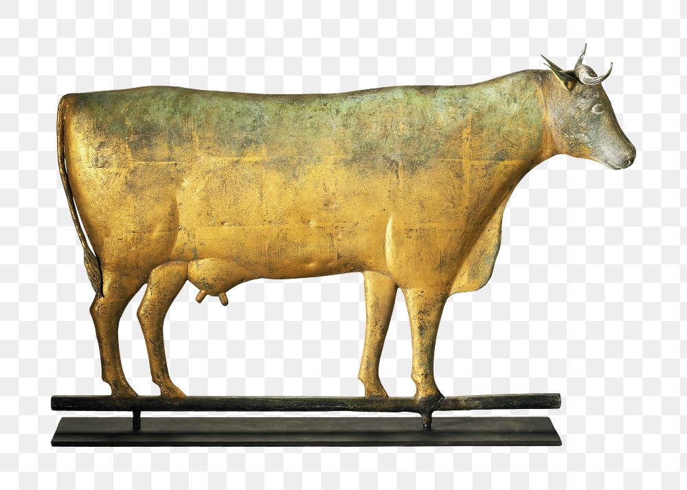 Cow weathervane png sticker, gold animal statue on transparent background.    Remastered by rawpixel