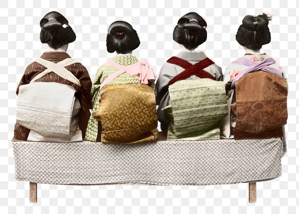 Japanese women png sitting, rear view photo on transparent background.    Remastered by rawpixel
