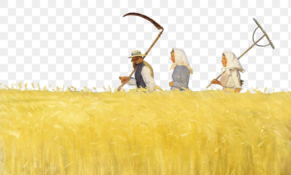 Anna Ancher's png Harvesters, wheat field border, transparent background.   Remastered by rawpixel