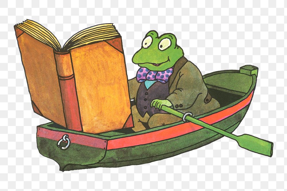 Reading frog png sticker, paddling on a row boat, transparent background.  Remixed by rawpixel.