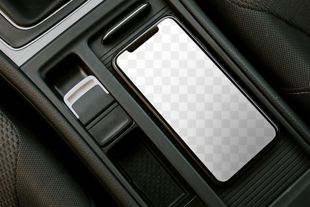 Transparent phone screen png mockup, car wireless charging technology