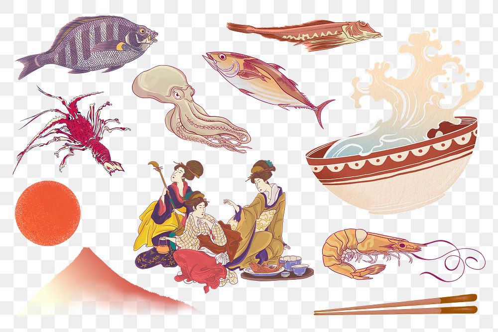 Japanese seafood png illustration sticker set, transparent background