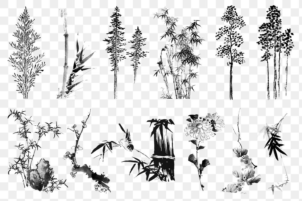 Japanese ink trees png illustration sticker set, transparent background