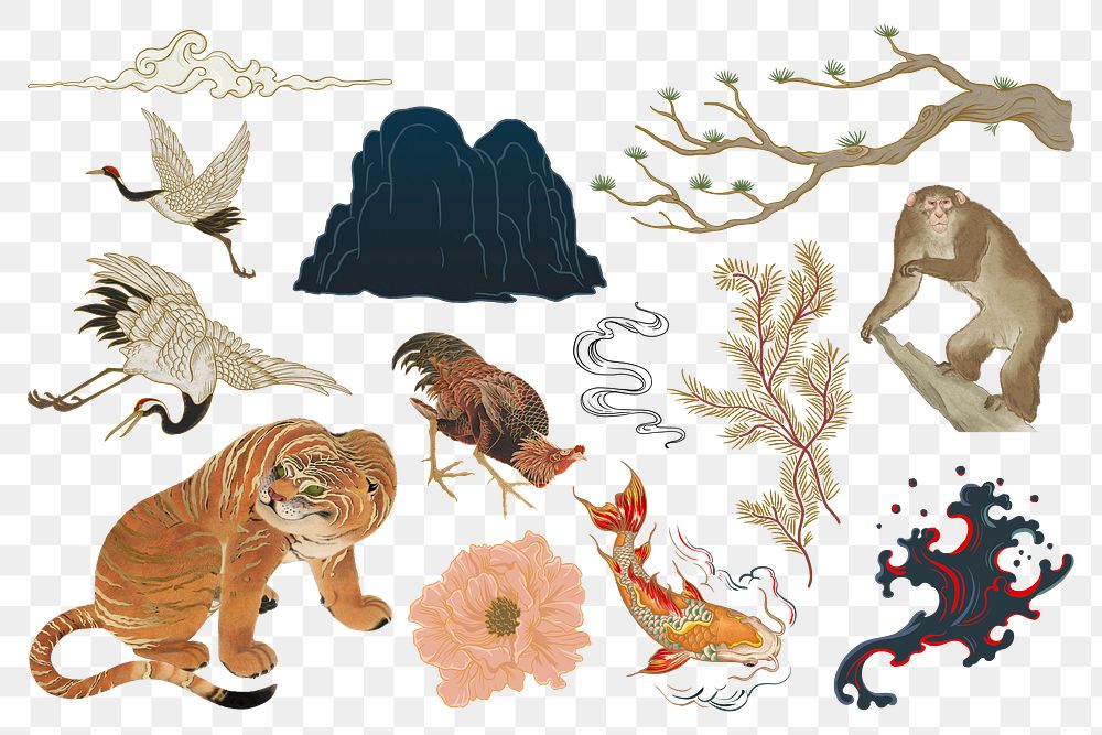 Japanese animals png illustration sticker set, transparent background