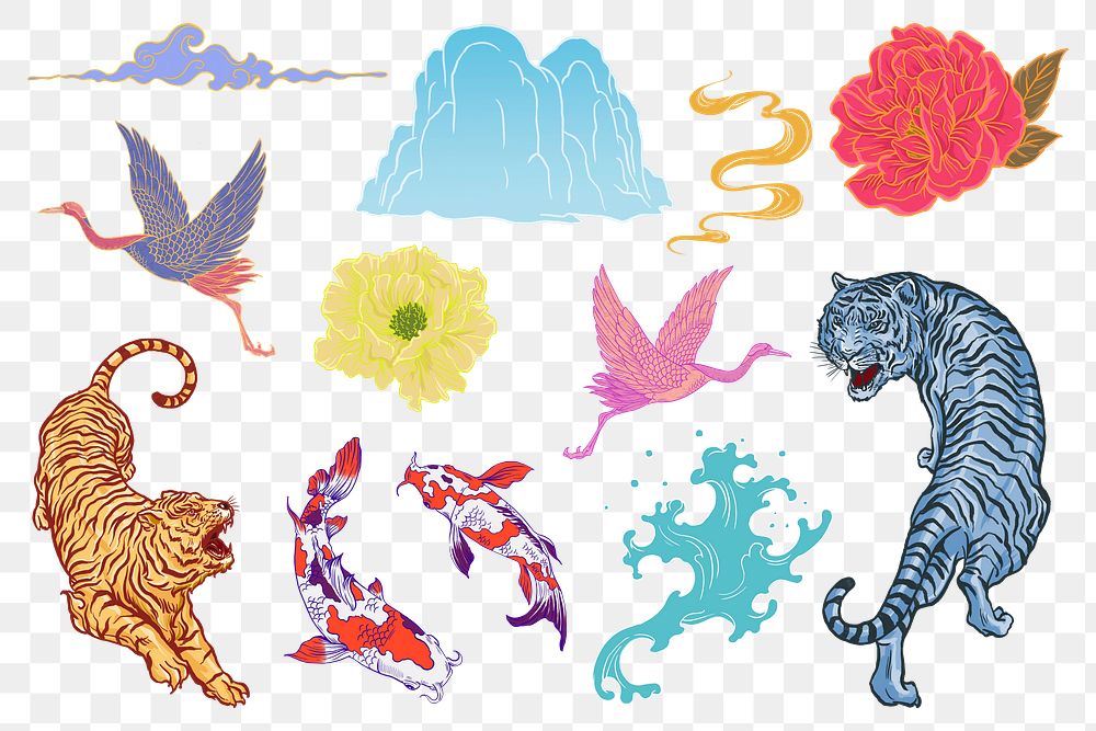 Oriental Japanese animals png illustration sticker set, transparent background