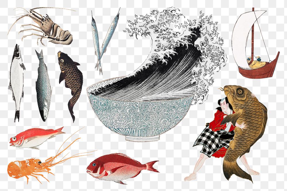 Oriental Japanese seafood png illustration sticker set, transparent background