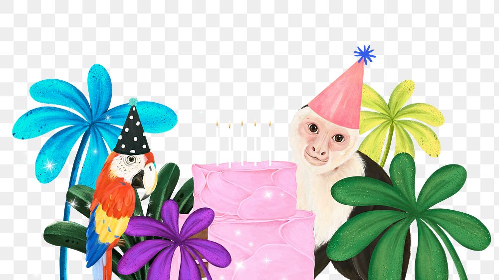 Cute birthday png border, animal illustration, transparent background