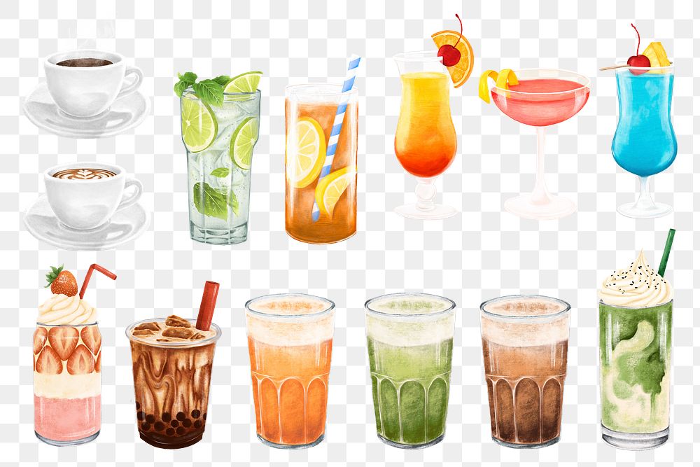 Drinks & beverages png illustration sticker set, transparent background