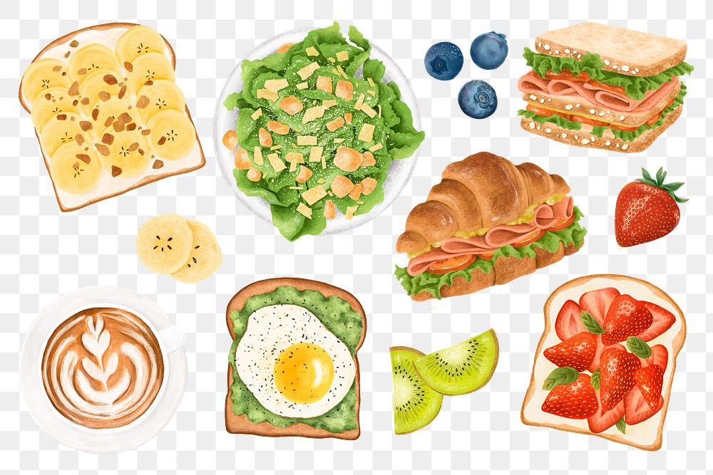 Breakfast png illustration sticker set, transparent background